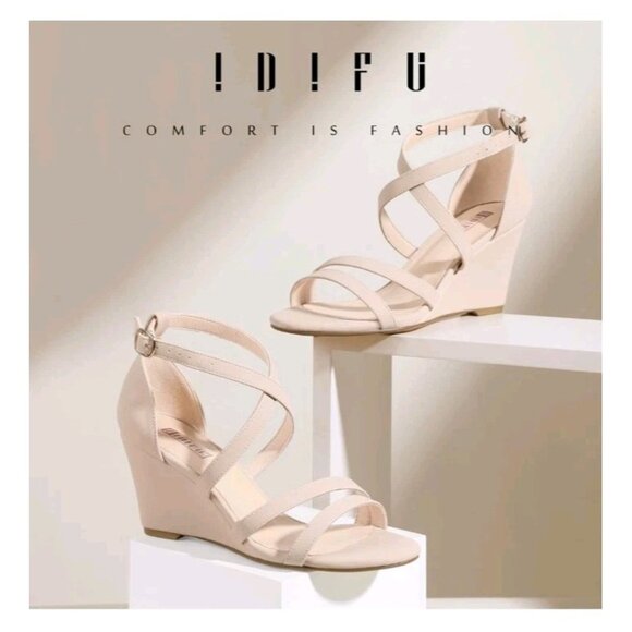 IDIFU Women's 3 Inch Strappy Wedge Sandals Open Toe Dressy Wedges For Women Nude - Picture 2 of 6